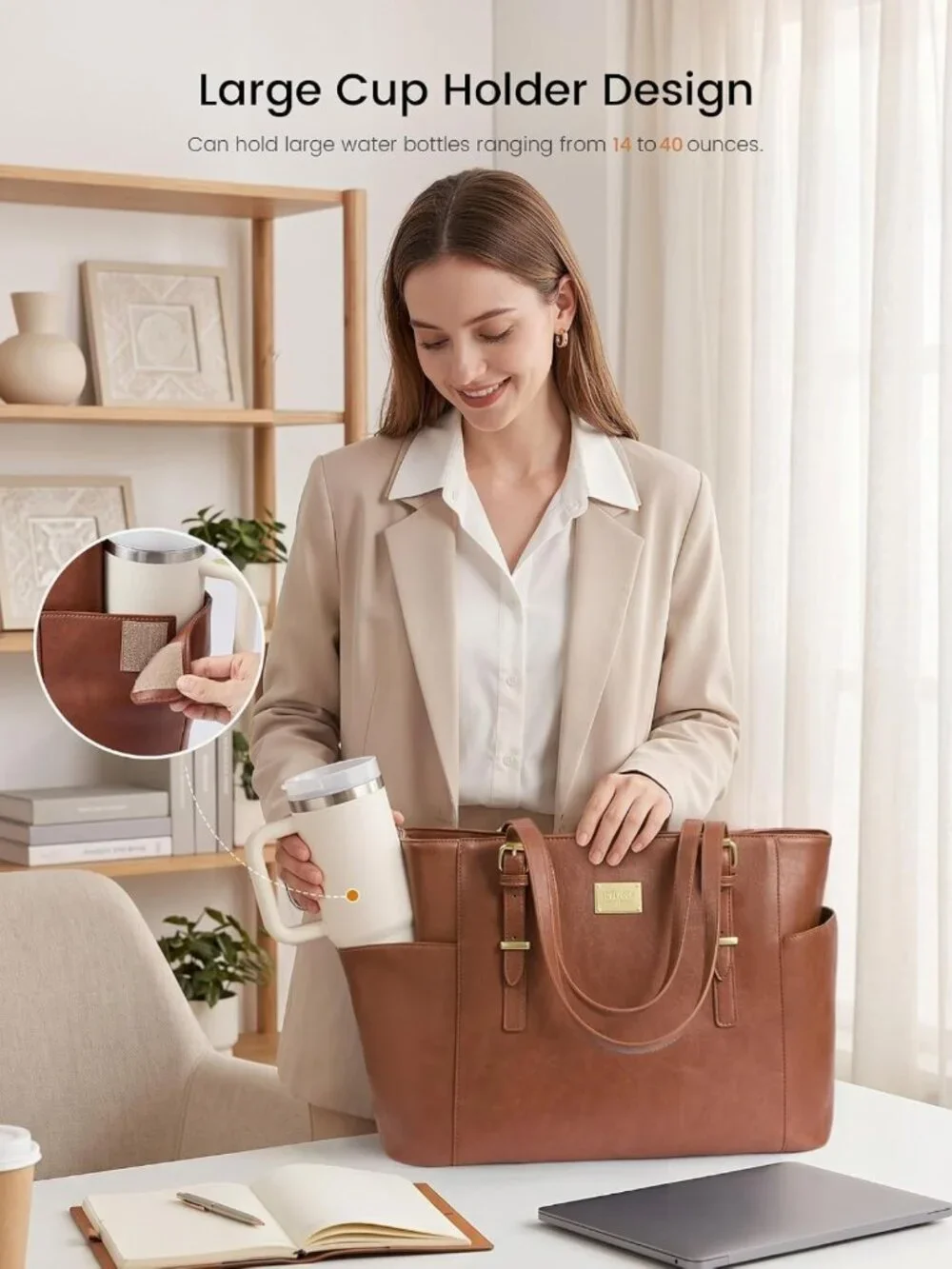 Vintage Leather Laptop Tote Bag for Women, 15.6